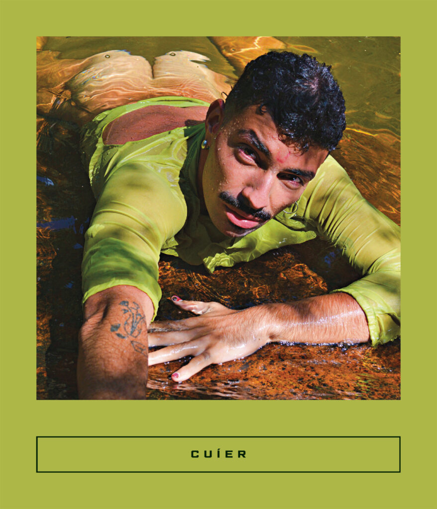 Book cover with photo of man lying in shallow water on a green background