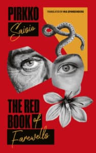 Cover of "The Red Book of Farewells" (cutouts of eyes, a flower, and a snake on a red and yellow background)