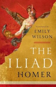 Cover of "The Iliad" (a red background with an angelic, winged figure behind a ripped gold parchment paper)