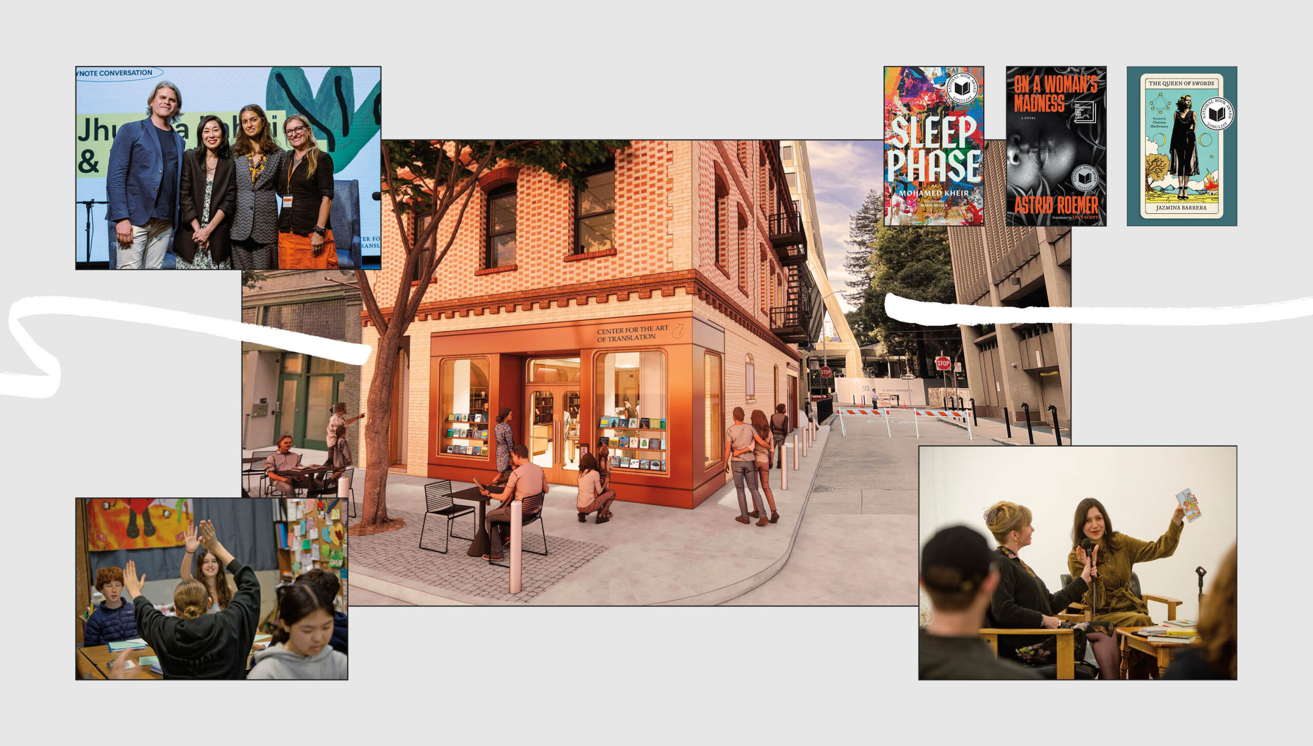 collage images of Day of Translation, Poetry Inside Out program, three Two Lines Press books, and Jazmina Barrera and Megan MacDowell