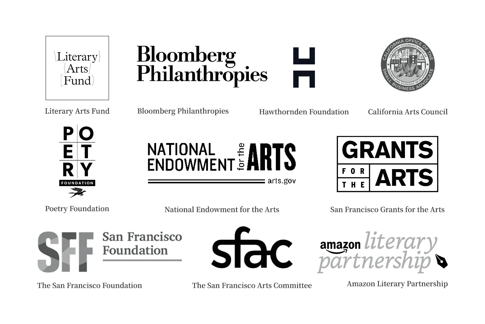 A list of logos and names of financial supports of the Center for the Art of Translation, including Literary Arts Fund, Bloomberg Philanthropies, the Hawthornden Foundation, Poetry Foundation, and more.