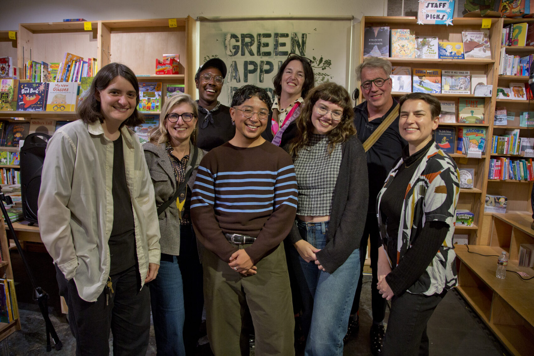 Two Lines Press Senior Editor Sarah Coolidge, CAT's Founder and Board Chair Olivia E. Sears, poets Mukethe Kawinzi and Alexis N. Garcia, translator Jana Vourgourakis, Event Production Manager Casey Leidig, translator Andrew Wilson and Green Apple Book's Event Coordinator Kar Jonhson. Photos by Tommy Lau.