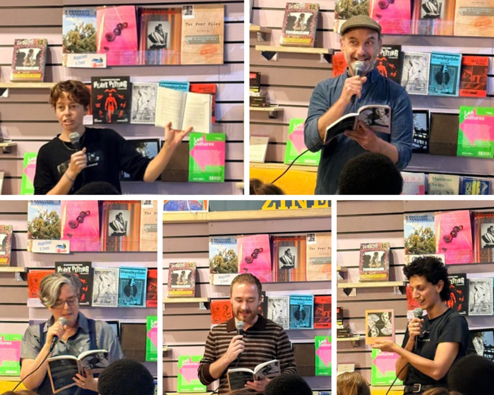 Top row: Tash Walker and Leo Boix. Bottom row: So Mayer, Peter Scalpello, and Hasti Crowther reading for a Splendor event in London