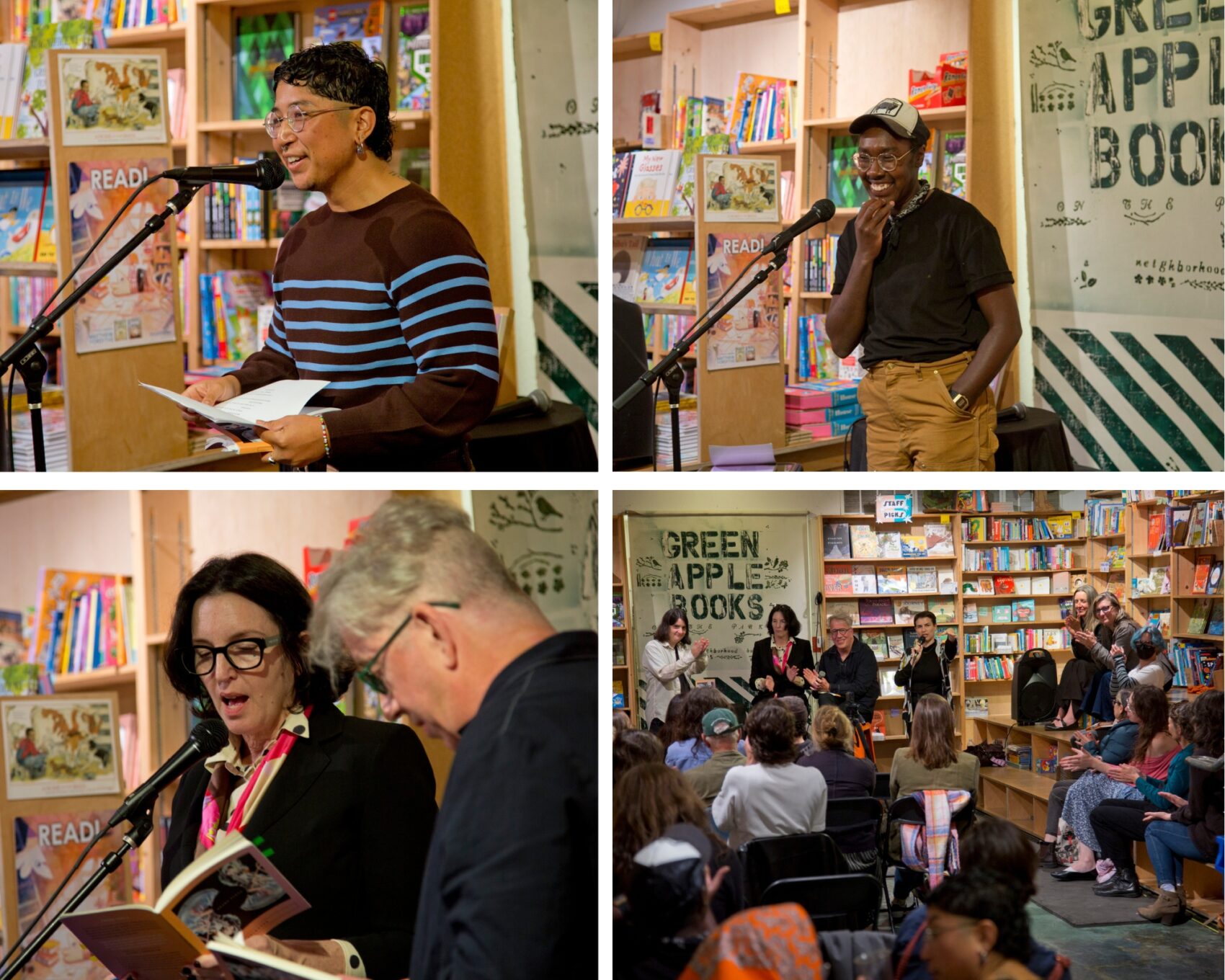 Top row: Poets Alexis N. Garcia (left) and Mukethe Kawinzi read from their work and from Splendor. Bottom row: Translators Jana Vourgourakis and Andrew Wilson read their translation from Pascale Bérubé's piece featured in Splendor. The readings were followed by a conversation with Two Lines Senior Editor, Sarah Coolidge. Photos by Tommy Lau.